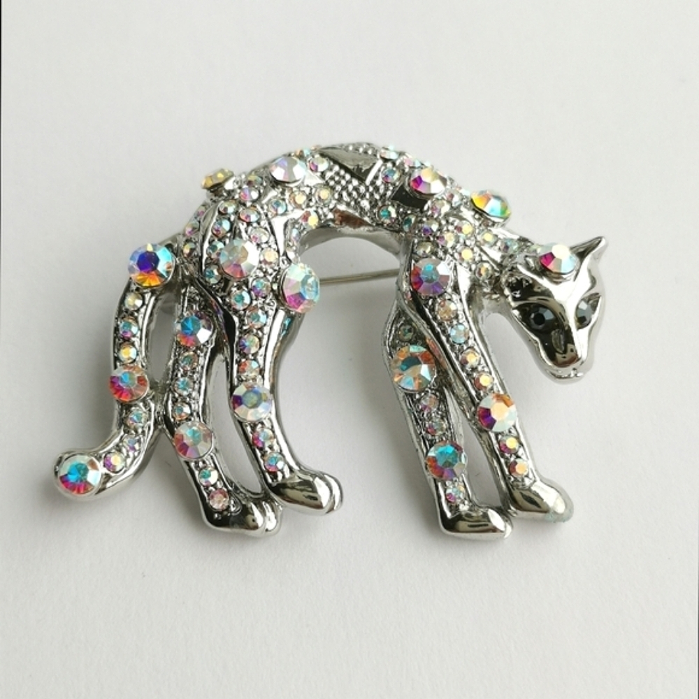 Vintage Panther Leopard Brooch Pin Crystals